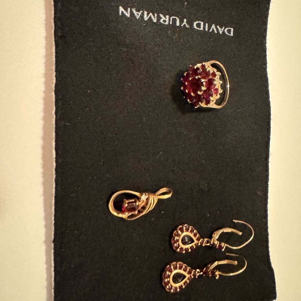14K Solid Gold Garnet Jewelry Set-Ring,Earrings,Pendant-11.3g